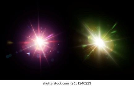Bright light flare with rays and soft glow on transparent background. Universal light effects for illustrations. Vector