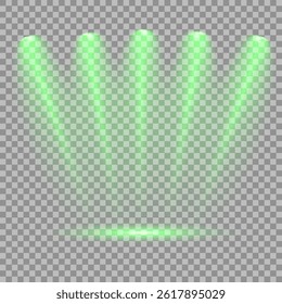 Bright light flash with cross-shaped beams, radiant green starburst.  Glowing abstract isolated lenses light effects. Beam from a spotlight and a star. Sunlight, abstract special effect