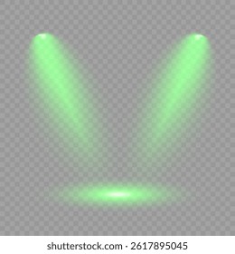 Bright light flash with cross-shaped beams, radiant green starburst.  Glowing abstract isolated lenses light effects. Beam from a spotlight and a star. Sunlight, abstract special effect