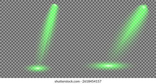 Bright light flash with cross-shaped beams, radiant green starburst.  Glowing abstract isolated lenses light effects. Beam from a spotlight and a star. Sunlight, abstract special effect