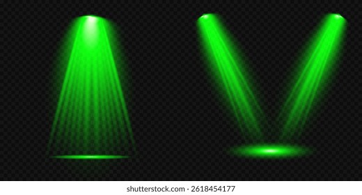 Bright light flash with cross-shaped beams, radiant green starburst.  Glowing abstract isolated lenses light effects. Beam from a spotlight and a star. Sunlight, abstract special effect