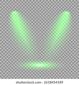 Bright light flash with cross-shaped beams, radiant green starburst.  Glowing abstract isolated lenses light effects. Beam from a spotlight and a star. Sunlight, abstract special effect