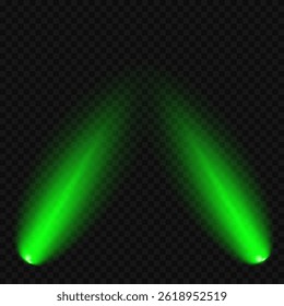 Bright light flash with cross-shaped beams, radiant green starburst.  Glowing abstract isolated lenses light effects. Beam from a spotlight and a star. Sunlight, abstract special effect