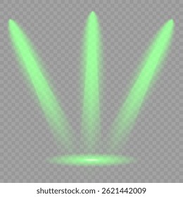 Destello de luz brillante con rayos en forma de cruz, estallido de estrella verde radiante.  Efectos de luz de lentes aisladas abstractas brillantes. Haz un rayo desde un foco y una estrella. Luz del sol, efecto especial abstracto