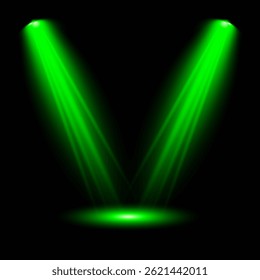 Heldere lichtflits met kruisvormige balken, stralende groene starburst.  Gloeiende abstracte geïsoleerde lenzen licht effecten. Straal uit een schijnwerper en een ster. Zonlicht, abstract special effect