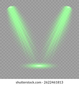 Bright light flash with cross-shaped beams, radiant green starburst.  Glowing abstract isolated lenses light effects. Beam from a spotlight and a star. Sunlight, abstract special effect