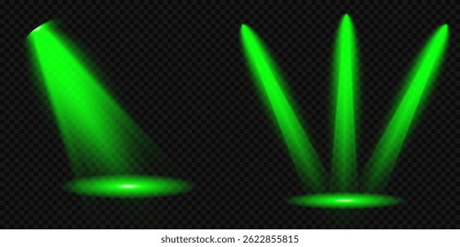 Destello de luz brillante con rayos en forma de cruz, estallido de estrella verde radiante.  Efectos de luz de lentes aisladas abstractas brillantes. Haz un rayo desde un foco y una estrella. Luz del sol, efecto especial abstracto