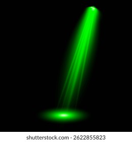 Destello de luz brillante con rayos en forma de cruz, estallido de estrella verde radiante.  Efectos de luz de lentes aisladas abstractas brillantes. Haz un rayo desde un foco y una estrella. Luz del sol, efecto especial abstracto