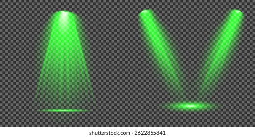 Destello de luz brillante con rayos en forma de cruz, estallido de estrella verde radiante.  Efectos de luz de lentes aisladas abstractas brillantes. Haz un rayo desde un foco y una estrella. Luz del sol, efecto especial abstracto