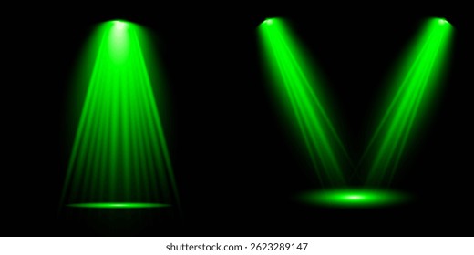 Bright light flash with cross-shaped beams, radiant green starburst.  Glowing abstract isolated lenses light effects. Beam from a spotlight and a star. Sunlight, abstract special effect