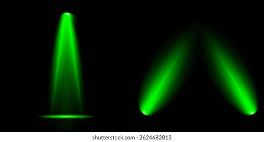 Destello de luz brillante con rayos en forma de cruz, estallido de estrella verde radiante.  Efectos de luz de lentes aisladas abstractas brillantes. Haz un rayo desde un foco y una estrella. Luz del sol, efecto especial abstracto
