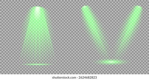 Destello de luz brillante con rayos en forma de cruz, estallido de estrella verde radiante.  Efectos de luz de lentes aisladas abstractas brillantes. Haz un rayo desde un foco y una estrella. Luz del sol, efecto especial abstracto