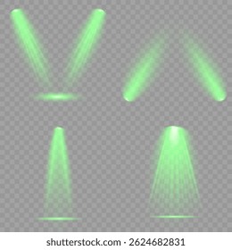 Destello de luz brillante con rayos en forma de cruz, estallido de estrella verde radiante.  Efectos de luz de lentes aisladas abstractas brillantes. Haz un rayo desde un foco y una estrella. Luz del sol, efecto especial abstracto