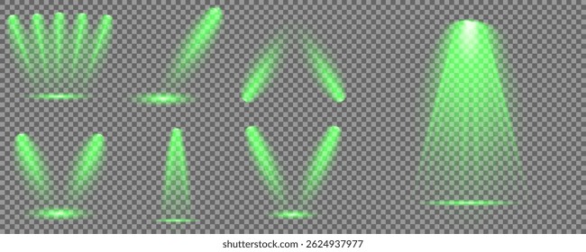Bright light flash with cross-shaped beams, radiant green starburst.  Glowing abstract isolated lenses light effects. Beam from a spotlight and a star. Sunlight, abstract special effect