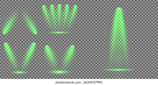 Destello de luz brillante con rayos en forma de cruz, estallido de estrella verde radiante.  Efectos de luz de lentes aisladas abstractas brillantes. Haz un rayo desde un foco y una estrella. Luz del sol, efecto especial abstracto
