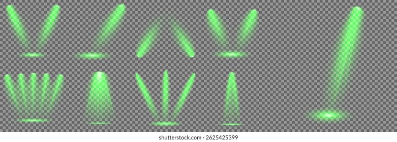 Destello de luz brillante con rayos en forma de cruz, estallido de estrella verde radiante.  Efectos de luz de lentes aisladas abstractas brillantes. Haz un rayo desde un foco y una estrella. Luz del sol, efecto especial abstracto