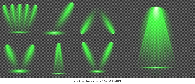 Destello de luz brillante con rayos en forma de cruz, estallido de estrella verde radiante.  Efectos de luz de lentes aisladas abstractas brillantes. Haz un rayo desde un foco y una estrella. Luz del sol, efecto especial abstracto