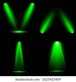 Bright light flash with cross-shaped beams, radiant green starburst.  Glowing abstract isolated lenses light effects. Beam from a spotlight and a star. Sunlight, abstract special effect