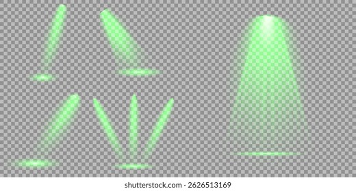 Bright light flash with cross-shaped beams, radiant green starburst.  Glowing abstract isolated lenses light effects. Beam from a spotlight and a star. Sunlight, abstract special effect
