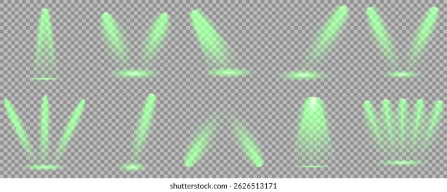 Bright light flash with cross-shaped beams, radiant green starburst.  Glowing abstract isolated lenses light effects. Beam from a spotlight and a star. Sunlight, abstract special effect