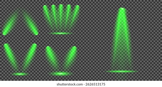 Bright light flash with cross-shaped beams, radiant green starburst.  Glowing abstract isolated lenses light effects. Beam from a spotlight and a star. Sunlight, abstract special effect