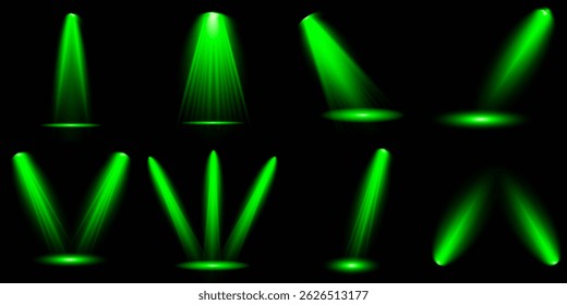 Destello de luz brillante con rayos en forma de cruz, estallido de estrella verde radiante.  Efectos de luz de lentes aisladas abstractas brillantes. Haz un rayo desde un foco y una estrella. Luz del sol, efecto especial abstracto