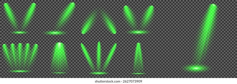 Bright light flash with cross-shaped beams, radiant green starburst.  Glowing abstract isolated lenses light effects. Beam from a spotlight and a star. Sunlight, abstract special effect