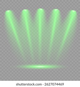 Destello de luz brillante con rayos en forma de cruz, estallido de estrella verde radiante.  Efectos de luz de lentes aisladas abstractas brillantes. Haz un rayo desde un foco y una estrella. Luz del sol, efecto especial abstracto