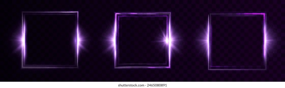 Bright light frame with special purple light effects. Beautiful purple frame light effect on transparent background for vector illustration. 10 EPS