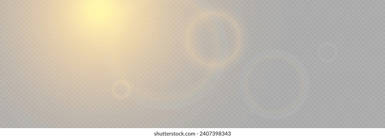 Bright light with glare and reflection of the camera lens. Sun, sun rays, dawn, lens flare on a transparent background.