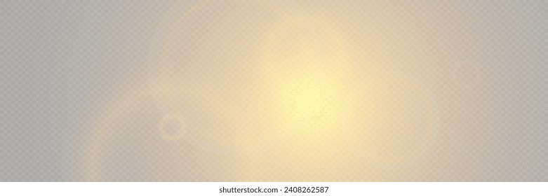 Bright light with glare and reflection of the camera lens. Sun, sun rays, dawn, lens flare on a transparent background.