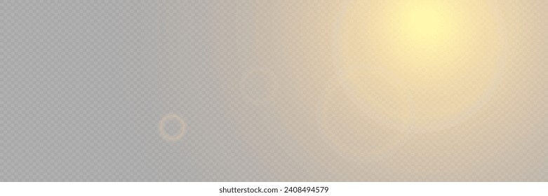 Bright light with glare and reflection of the camera lens. Sun, sun rays, dawn, lens flare on a transparent background.
