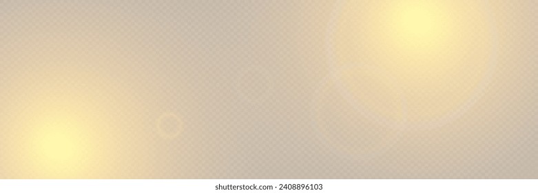 Bright light with glare and reflection of the camera lens. Sun, sun rays, dawn, lens flare on a transparent background.