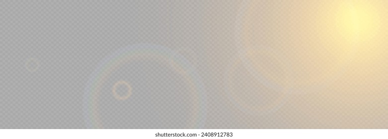 Bright light with glare and reflection of the camera lens. Sun, sun rays, dawn, lens flare on a transparent background.