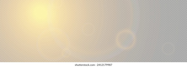 Bright light with glare and reflection of the camera lens. Sun, sun rays, dawn, lens flare on a transparent background.