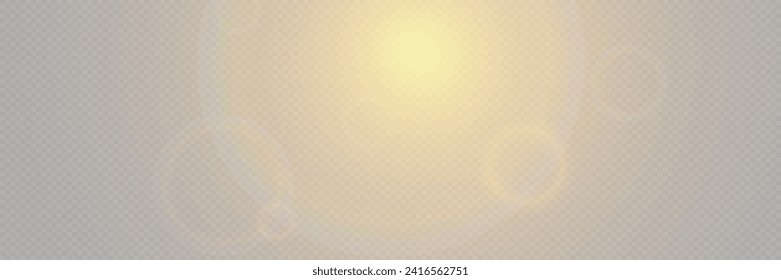 Bright light with glare and reflection of the camera lens. Sun, sun rays, dawn, lens flare on a transparent background.