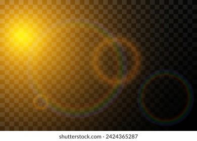 Bright light with glare and reflection of the camera lens. Sun, sun rays, dawn, lens flare on a transparent background.	