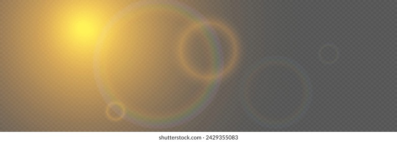 Bright light with glare and reflection of the camera lens. Sun, sun rays, dawn, lens flare on a transparent background.
