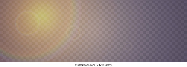 Bright light with glare and reflection of the camera lens. Sun, sun rays, dawn, lens flare on a transparent background.