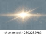 Bright light glare of sun shine. Transparent shining sun, bright flash. Vector sparkles of light on transparent background