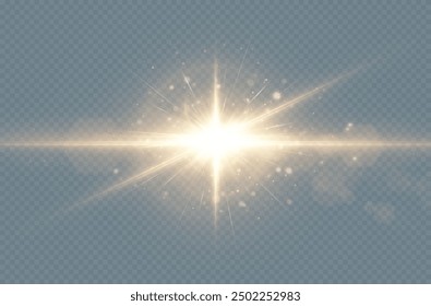 Bright light glare of sun shine. Transparent shining sun, bright flash. Vector sparkles of light on transparent background