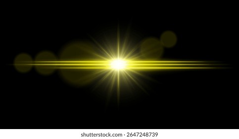 Bright light horizontal light flare with central glow and radiant starburst. Sci-fi visual effect on dark background.