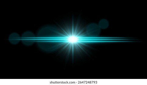 Bright light horizontal light flare with central glow and radiant starburst. Sci-fi visual effect on dark background.