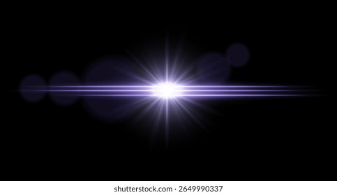 Luz brilhante luz horizontal flare com brilho central e estelar radiante. Efeito visual de ficção científica em fundo escuro.