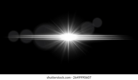 Bright light horizontal light flare with central glow and radiant starburst. Sci-fi visual effect on dark background.