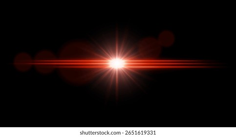 Luz brilhante luz horizontal flare com brilho central e estelar radiante. Efeito visual de ficção científica em fundo escuro.