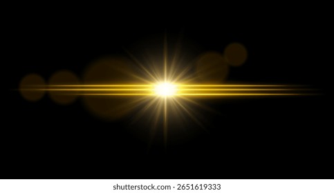 Luz brilhante luz horizontal flare com brilho central e estelar radiante. Efeito visual de ficção científica em fundo escuro.