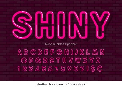 Bright light neon alphabet, retro-futuristic style original type. Swatch color control.