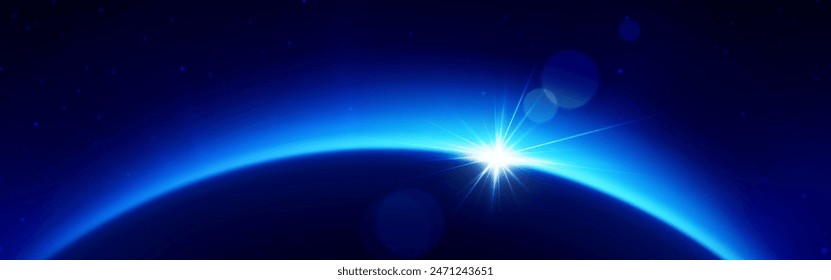 Bright light on dark planet horizon. Vector realistic illustration of blue space galaxy with starry night sky, sun shining behind earth, cosmos exploration game background, science fiction backdrop