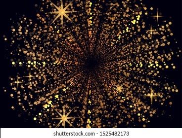 Bright light particles glitter background effect. Magic glow sparkling texture. Magic star dust dust spark explosion effect on black background. Vector illustration